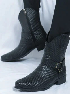 Bottes de cowboy pour hommes bottines en cuir tressé à bout pointu et à talon bas
