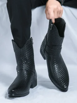 Bottes de cowboy pour hommes bottines en cuir tressé à bout pointu et à talon bas