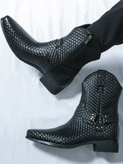 Bottes de cowboy pour hommes bottines en cuir tressé à bout pointu et à talon bas