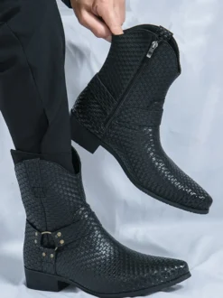 Bottes de cowboy pour hommes bottines en cuir tressé à bout pointu et à talon bas