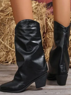 Bottes de cow-girl noires à bout rond et talon épais bottes mi-mollet