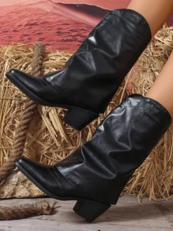 Bottes de cow-girl noires à bout rond et talon épais bottes mi-mollet