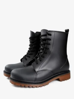 Bottes de pluie pour femmes Bottines imperméables à lacets à bout rond noires
