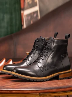 Bottes de travail Martin pour hommes Bottines classiques noires en cuir de vache