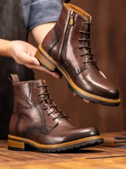 Bottes de travail Martin pour hommes Bottines classiques noires en cuir de vache