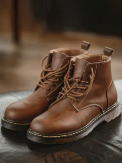 Bottes de travail pour hommes en cuir PU chic bottines courtes marron