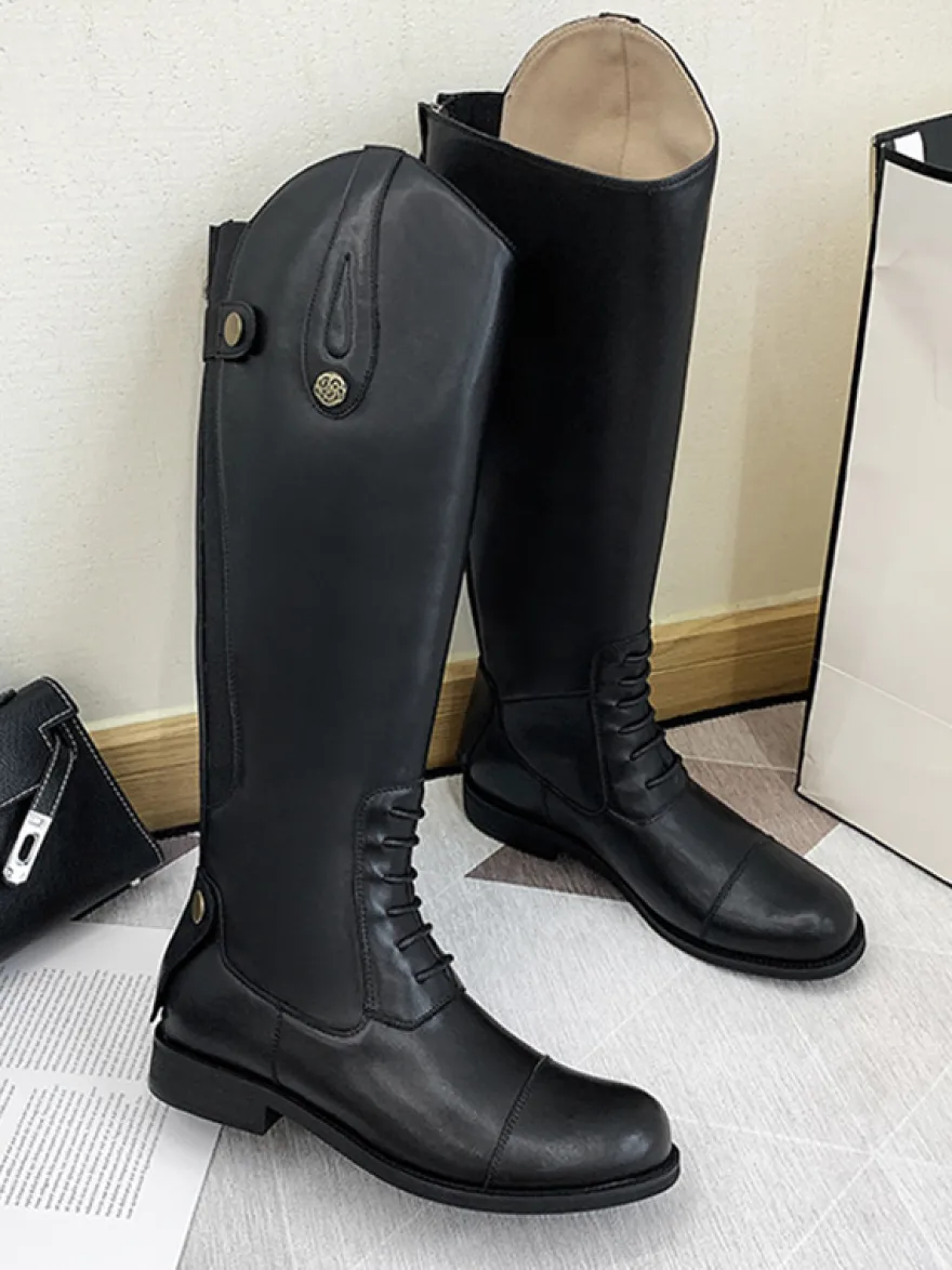 Bottes d'équitation noires pour femmes bottes mi-mollet plates à bout rond