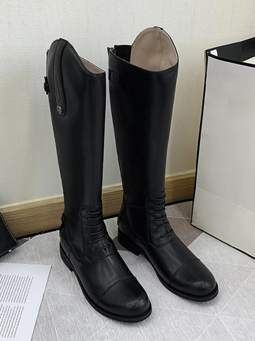 Bottes d'équitation noires pour femmes bottes mi-mollet plates à bout rond