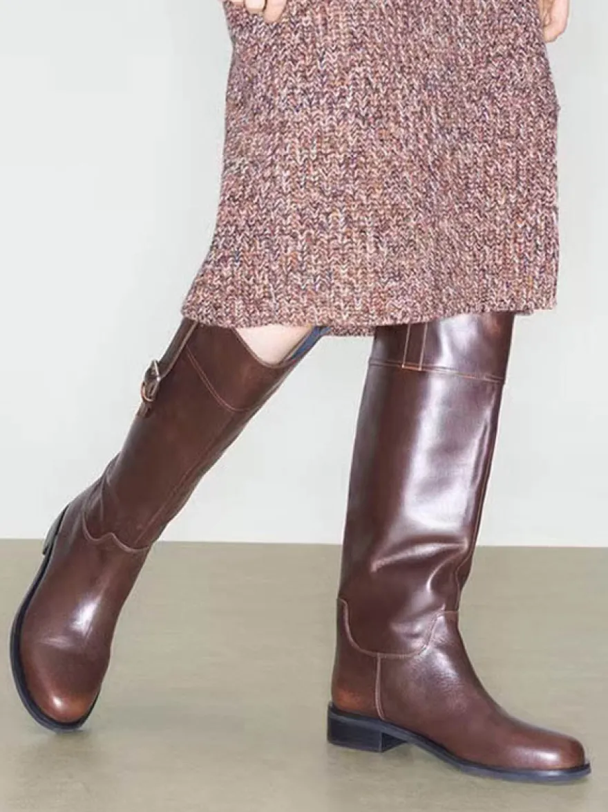 Bottes d'équitation pour femmes bout rond détail boucle bottes plates hautes au genou