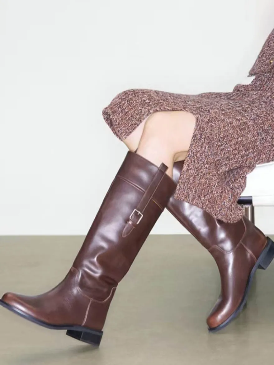 Bottes d'équitation pour femmes bout rond détail boucle bottes plates hautes au genou