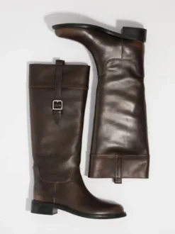 Bottes d'équitation pour femmes bout rond détail boucle bottes plates hautes au genou