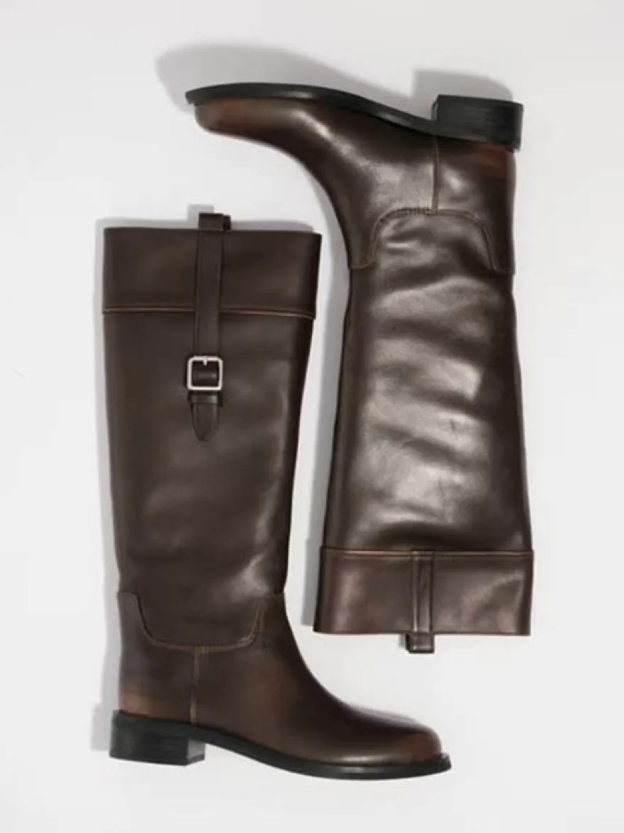 Bottes d'équitation pour femmes bout rond détail boucle bottes plates hautes au genou
