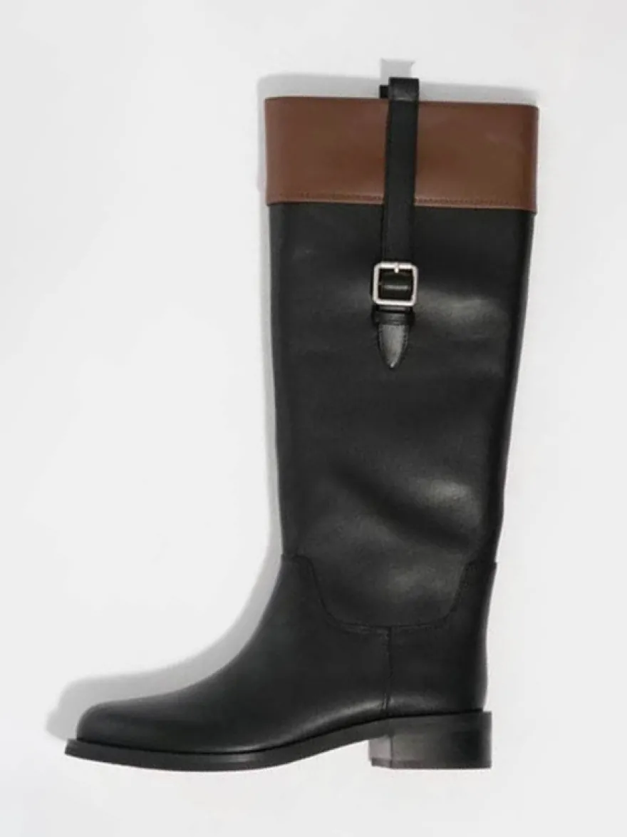 Bottes d'équitation pour femmes bout rond détail boucle bottes plates hautes au genou