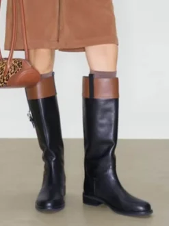 Bottes d'équitation pour femmes bout rond détail boucle bottes plates hautes au genou
