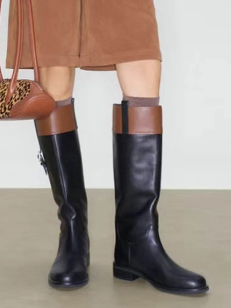 Bottes d'équitation pour femmes bout rond détail boucle bottes plates hautes au genou
