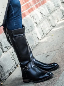 Bottes d'équitation pour homme noires en PU bout rond boucle mi-mollet