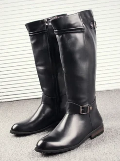 Bottes d'équitation pour homme noires en PU bout rond boucle mi-mollet