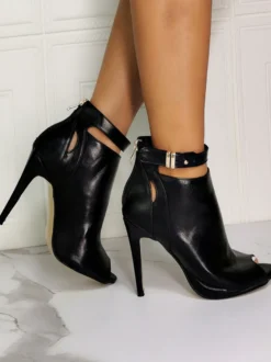 Bottes d'été noires Peep Toe talon aiguille en cuir PU bride à la cheville bottines à talon