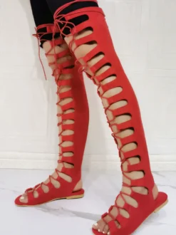 Bottes d'été rouges à bout ouvert talon plat micro daim sandales gladiateur d'été