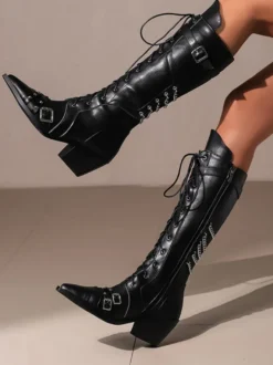 Bottes En Cuir Pu Noir À Bout Pointu Talon Épais Mi-Mollet Chaussures Femmes