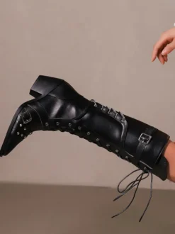 Bottes En Cuir Pu Noir À Bout Pointu Talon Épais Mi-Mollet Chaussures Femmes