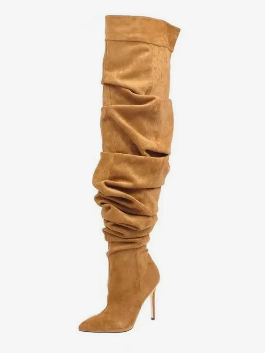Bottes en daim au-dessus du genou Bottes noires à bout pointu et à talons hauts