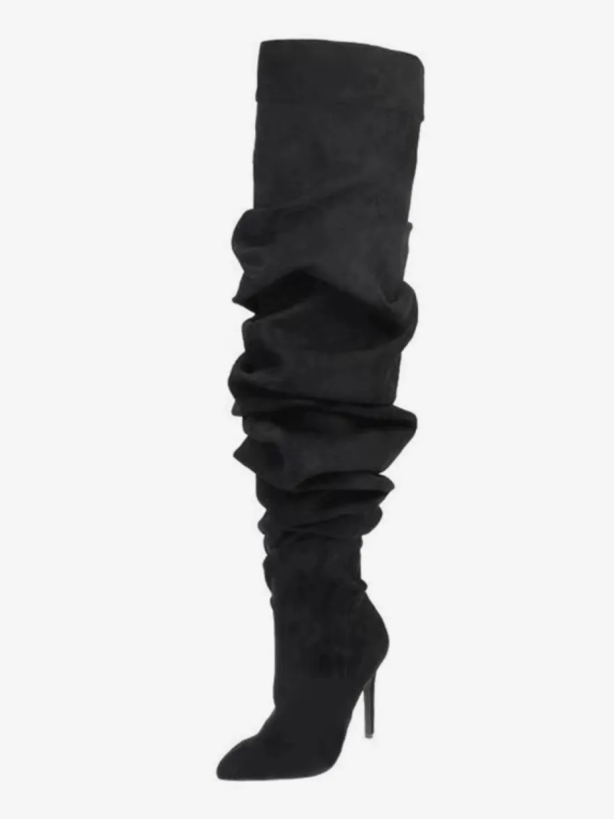 Bottes en daim au-dessus du genou Bottes noires à bout pointu et à talons hauts