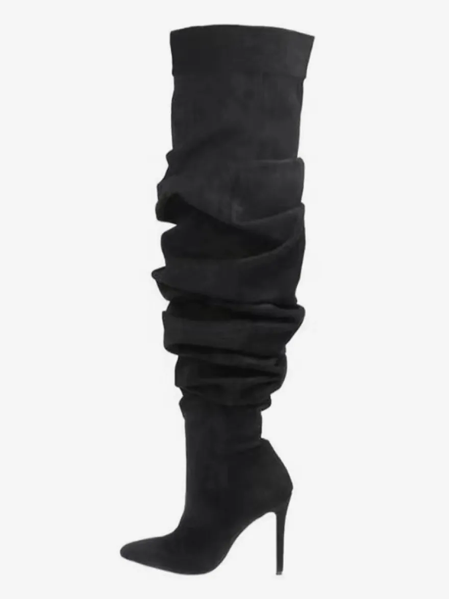 Bottes en daim au-dessus du genou Bottes noires à bout pointu et à talons hauts