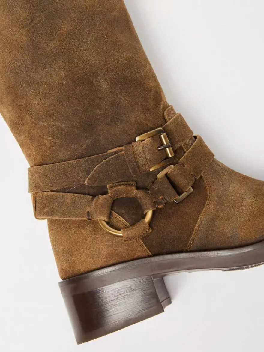 Bottes en daim hautes femmes bottes plates à bout carré et boucle marron foncé