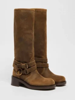 Bottes en daim hautes femmes bottes plates à bout carré et boucle marron foncé