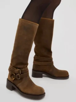 Bottes en daim hautes femmes bottes plates à bout carré et boucle marron foncé