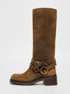 Bottes en daim hautes femmes bottes plates à bout carré et boucle marron foncé