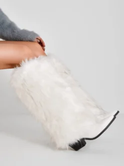 Bottes en fausse fourrure pour femmes bout pointu talon épais bottes hautes au genou