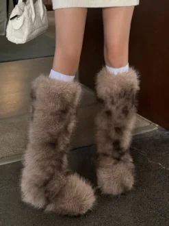 Bottes en fausse fourrure pour femmes bout rond plates montantes jusqu'aux genoux
