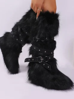Bottes en fausse fourrure pour femmes bout rond détail boucle bottes plates hautes au genou