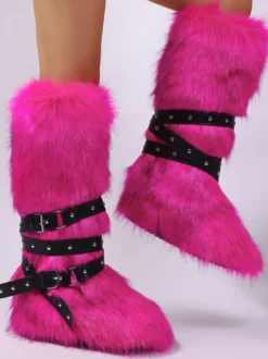 Bottes en fausse fourrure pour femmes bout rond détail boucle bottes plates hautes au genou