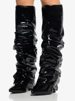 Bottes femme hautes métallisées argentées à bout pointu talon compensé pliable