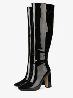 Bottes Gogo hautes en cuir noir à bout carré et talon épais bottes à talons hauts jusqu'aux genoux pour femmes