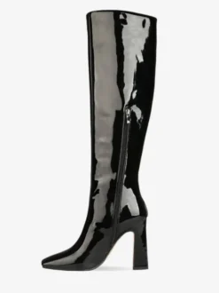 Bottes Gogo hautes en cuir noir à bout carré et talon épais bottes à talons hauts jusqu'aux genoux pour femmes
