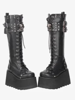 Bottes Gothic Lolita en cuir PU à bout rond et talon compensé noir
