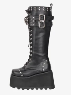 Bottes Gothic Lolita en cuir PU à bout rond et talon compensé noir