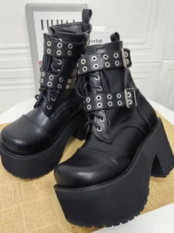 Bottes Gothic Lolita en cuir PU noir à bout rond et talon épais