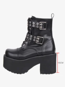 Bottes Gothic Lolita en cuir PU noir à bout rond et talon épais