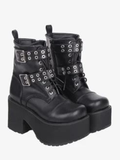 Bottes Gothic Lolita en cuir PU noir à bout rond et talon épais