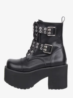 Bottes Gothic Lolita en cuir PU noir à bout rond et talon épais