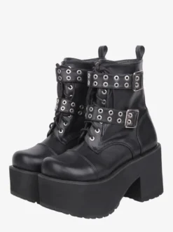 Bottes Gothic Lolita en cuir PU noir à bout rond et talon épais
