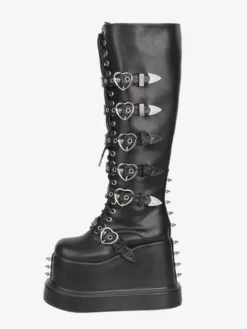 Bottes Gothic Lolita en cuir PU à bout rond et talon compensé noir