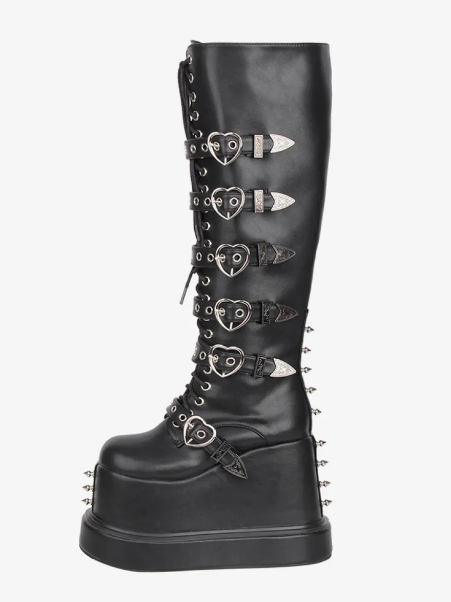 Bottes Gothic Lolita en cuir PU à bout rond et talon compensé noir