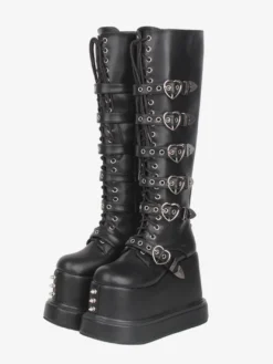 Bottes Gothic Lolita en cuir PU à bout rond et talon compensé noir