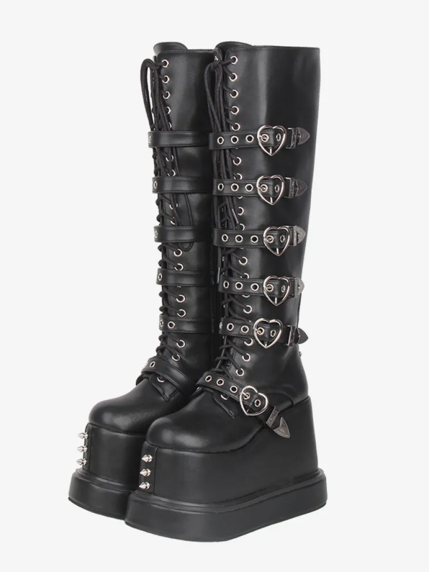 Bottes Gothic Lolita en cuir PU à bout rond et talon compensé noir